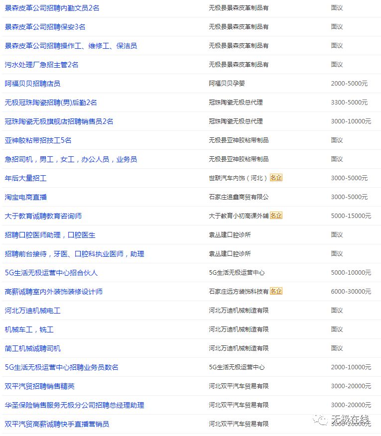 無極縣女工招聘最新信息匯總